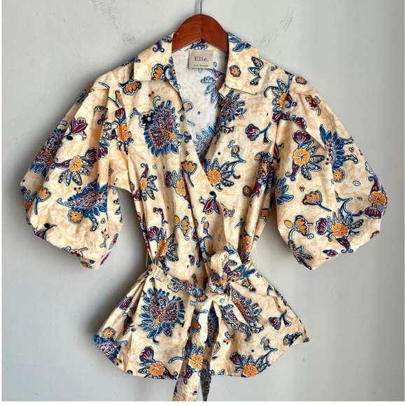 Elie Tahari Giraffe Multicolor Puff Sleeve Tie Waist Blouses Size L - Picture 1 of 13